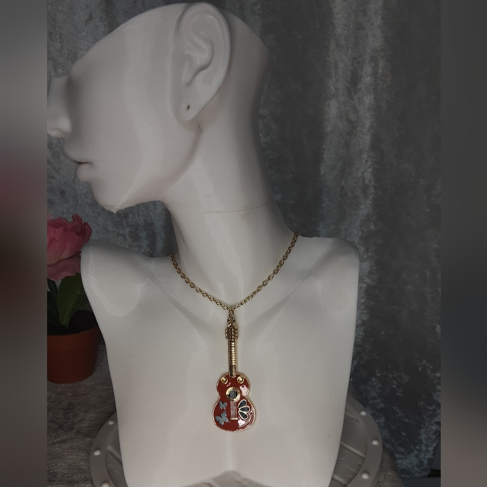 Handmade Guitar Necklace With Blue Rhinestones And Butterflies 20" Long Chain - Picture 2 of 5